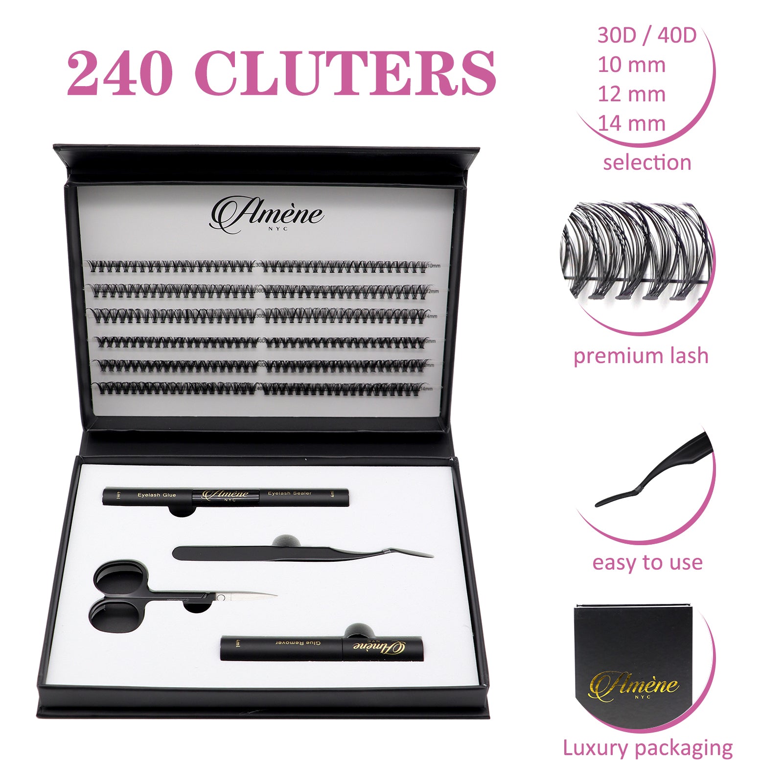 Améne 240pcs DIY At Home Cluster Eyelashes Kit Individual Eyelashes With Lash Bond And Seal, Eyelash Glue Remover, Lash Tweezer And Lash Scissors Booklet Design (30D+40D 10,12,14mm)-Amene Beauty