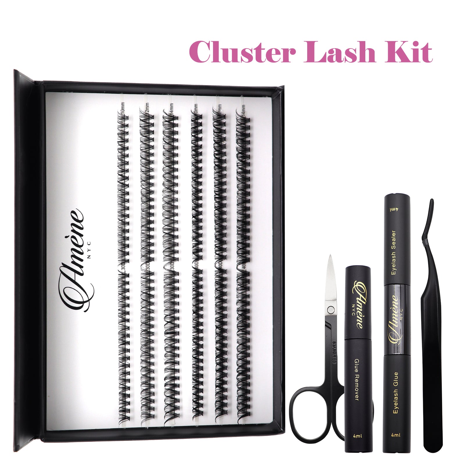 Améne 240pcs DIY At Home Cluster Eyelashes Kit Individual Eyelashes With Lash Bond And Seal, Eyelash Glue Remover, Lash Tweezer And Lash Scissors Booklet Design (30D+40D 10,12,14mm)