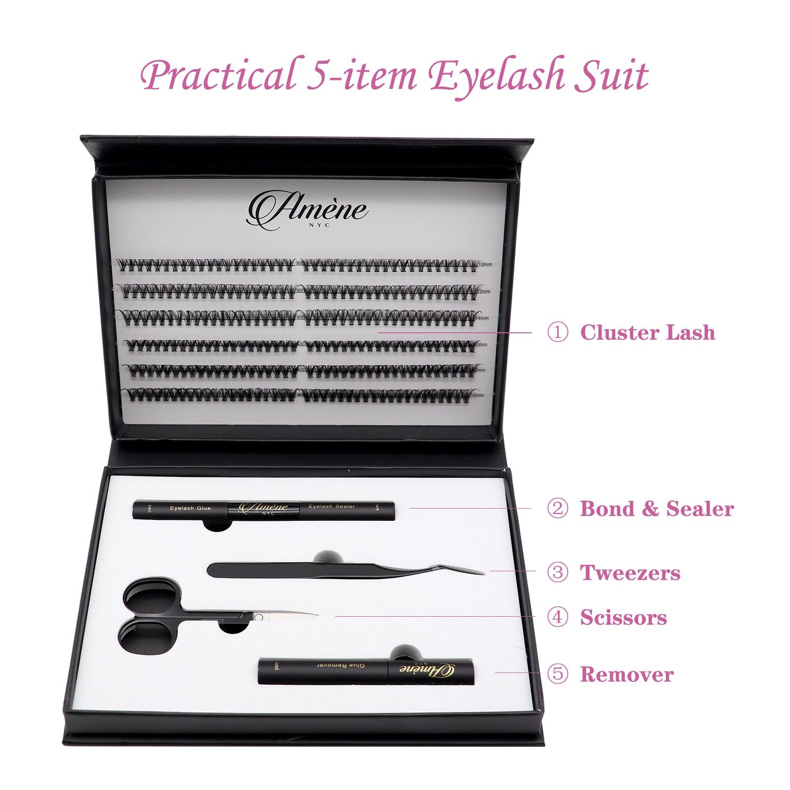 Améne 240pcs DIY At Home Cluster Eyelashes Kit Individual Eyelashes With Lash Bond And Seal, Eyelash Glue Remover, Lash Tweezer And Lash Scissors Booklet Design (30D+40D 10,12,14mm)-Amene Beauty
