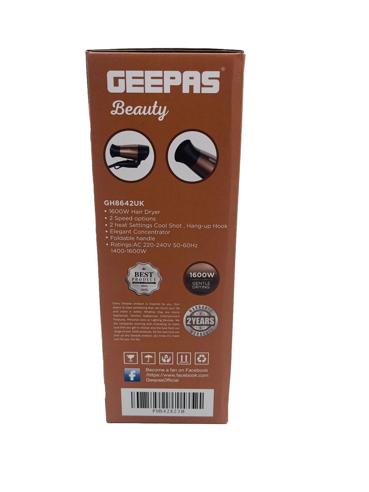 GEEPAS Mini Hair Dryer 1600W Gentle Drying