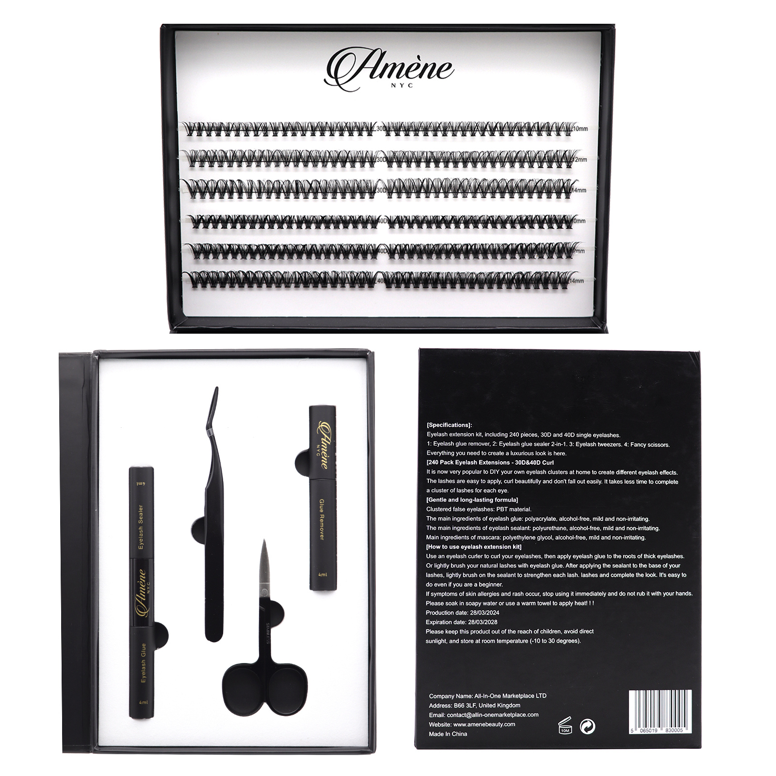 Améne 240pcs DIY At Home Cluster Eyelashes Kit Individual Eyelashes With Lash Bond And Seal, Eyelash Glue Remover, Lash Tweezer And Lash Scissors Booklet Design (30D+40D 10,12,14mm)