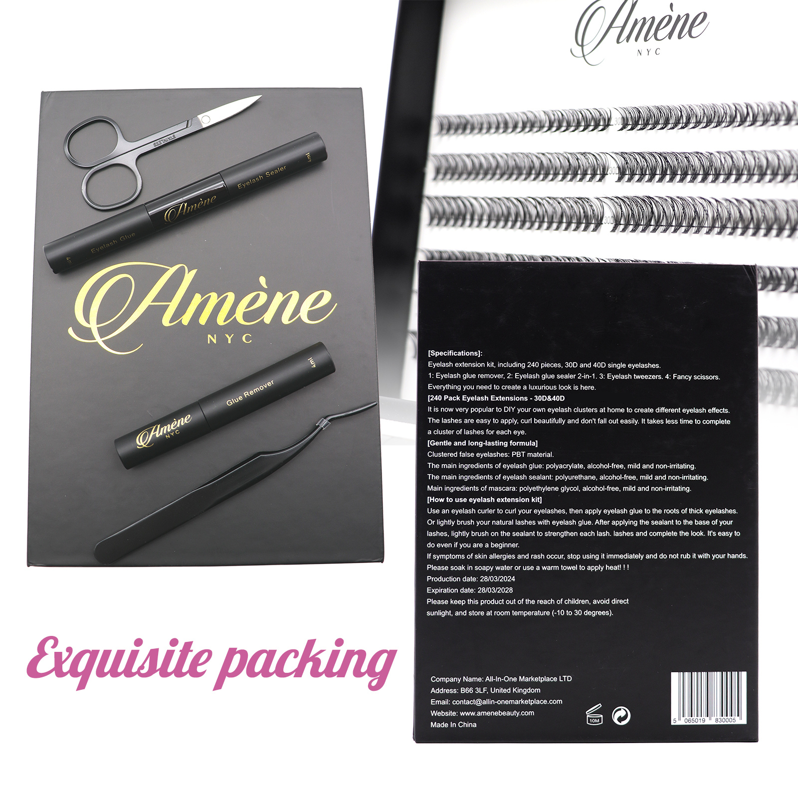 Améne 240pcs DIY At Home Cluster Eyelashes Kit Individual Eyelashes With Lash Bond And Seal, Eyelash Glue Remover, Lash Tweezer And Lash Scissors Booklet Design (30D+40D 10,12,14mm)